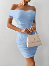 Women Fitted Open Shoulder Short Sleeve Beaded Bodycon Dress
